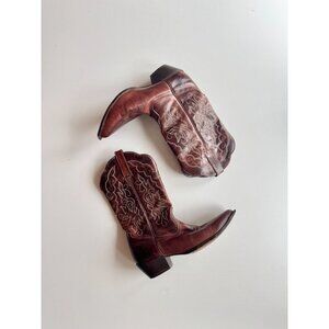 OAK TREE FARMS Dark Brown Embroidered Leather Cowboy Boots, Size 9.5